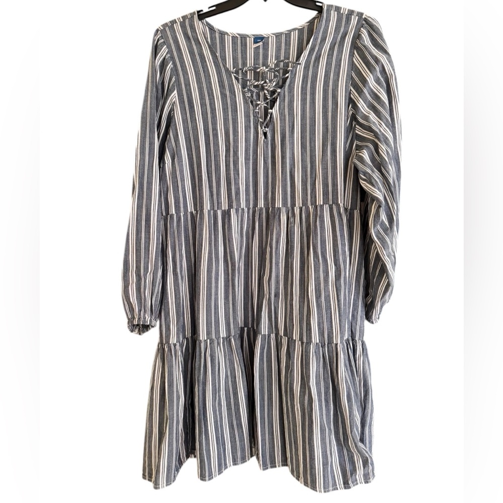 Old Navy Blue and White Striped Tiered Lace Up front Dress w/pockets szXXL